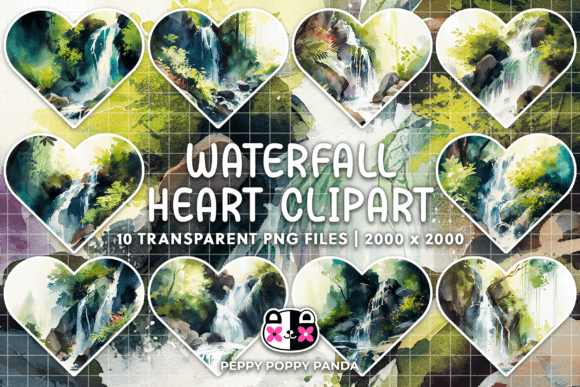Waterfall Forest Heart Illustrations: Nature-Inspired Design Assets